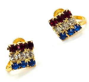 4th of July red white and blue flag mid century rhinestone vintage screw back earrings