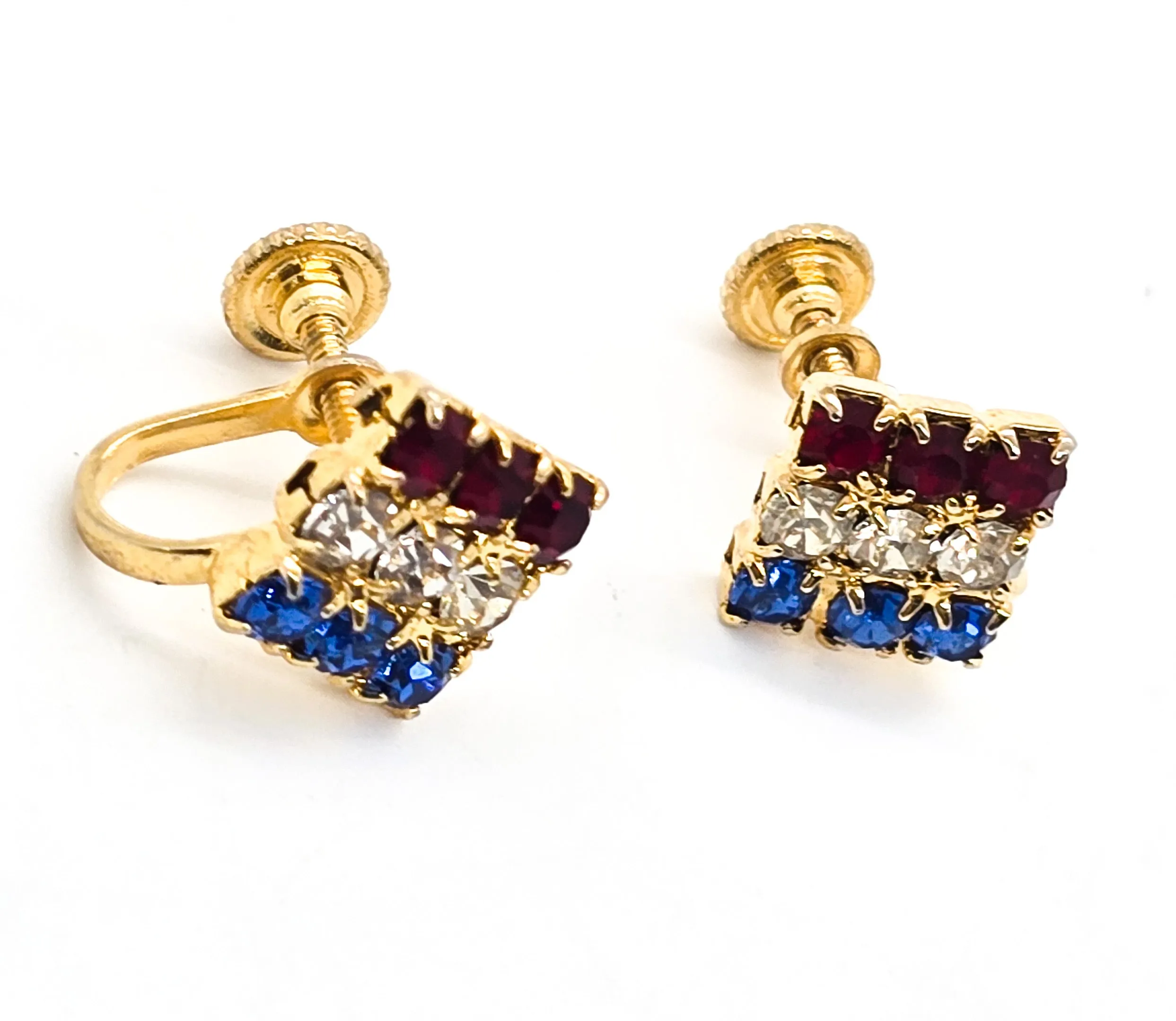 4th of July red white and blue flag mid century rhinestone vintage screw back earrings
