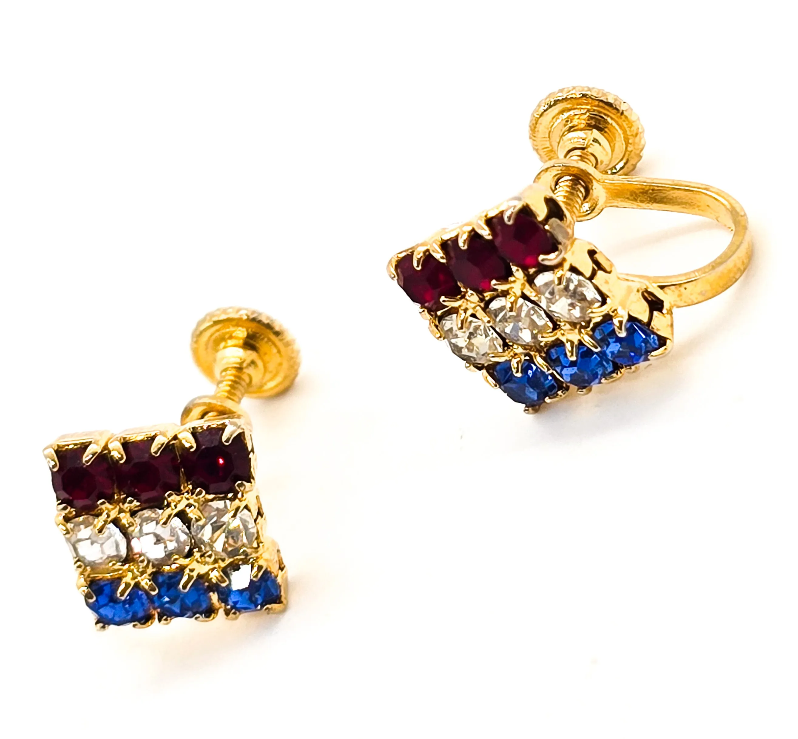 4th of July red white and blue flag mid century rhinestone vintage screw back earrings