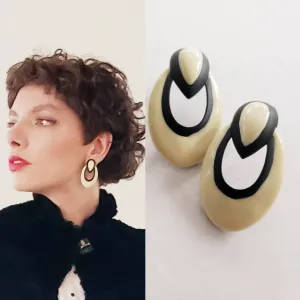 60s Earrings Cream and Black Oval & Teardrop Chunky Enamel Metal / Marcelle