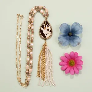 72768 - Animal Print Beaded Tassel Necklace - Beige