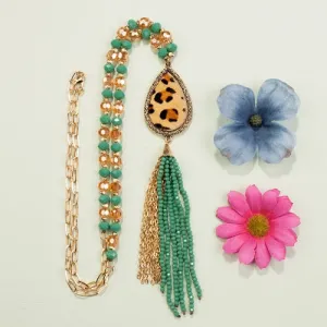 72768 - Animal Print Beaded Tassel Necklace - Turquoise