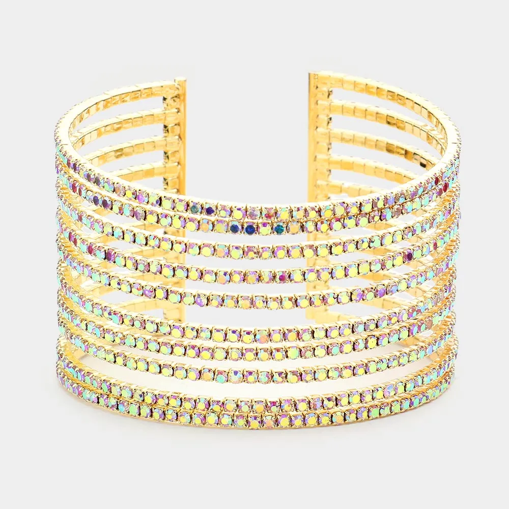 AB Rhinestone Embellished Split Cuff Pageant Bracelet on Gold  | Prom Bracelet | 519365