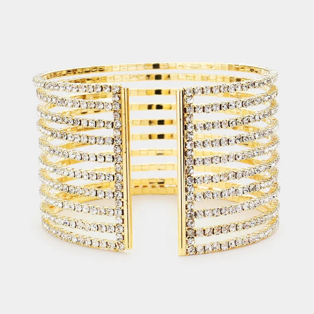 AB Rhinestone Embellished Split Cuff Pageant Bracelet on Gold  | Prom Bracelet | 519365