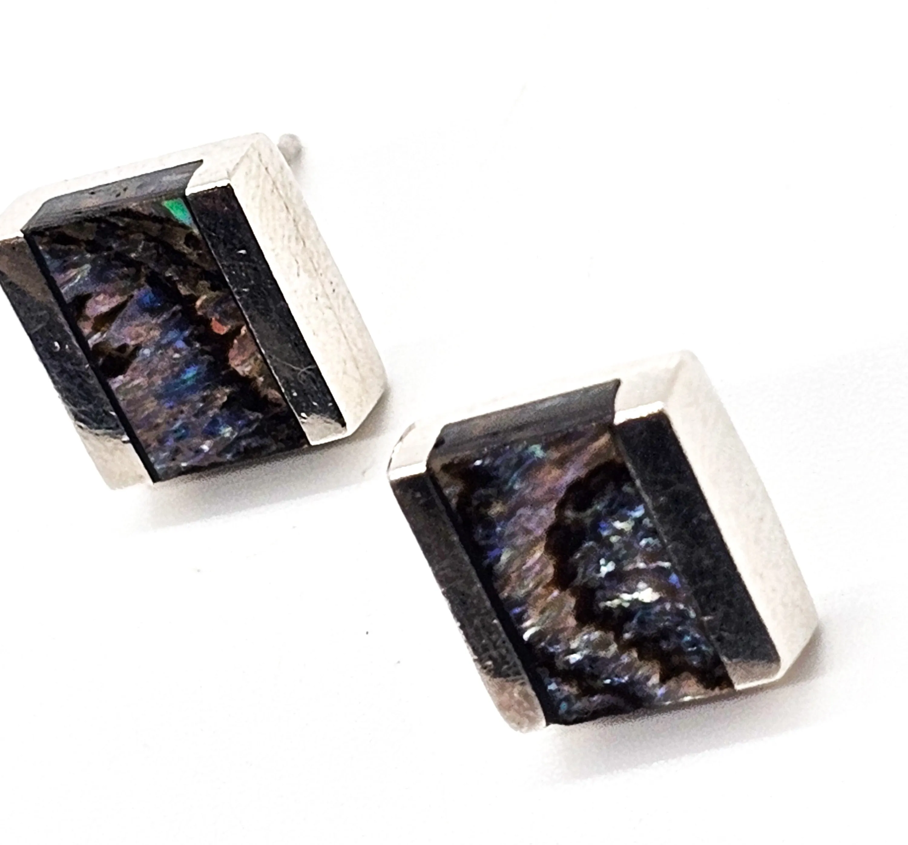 Abalone Paua thick solid sterling silver cube stud earrings