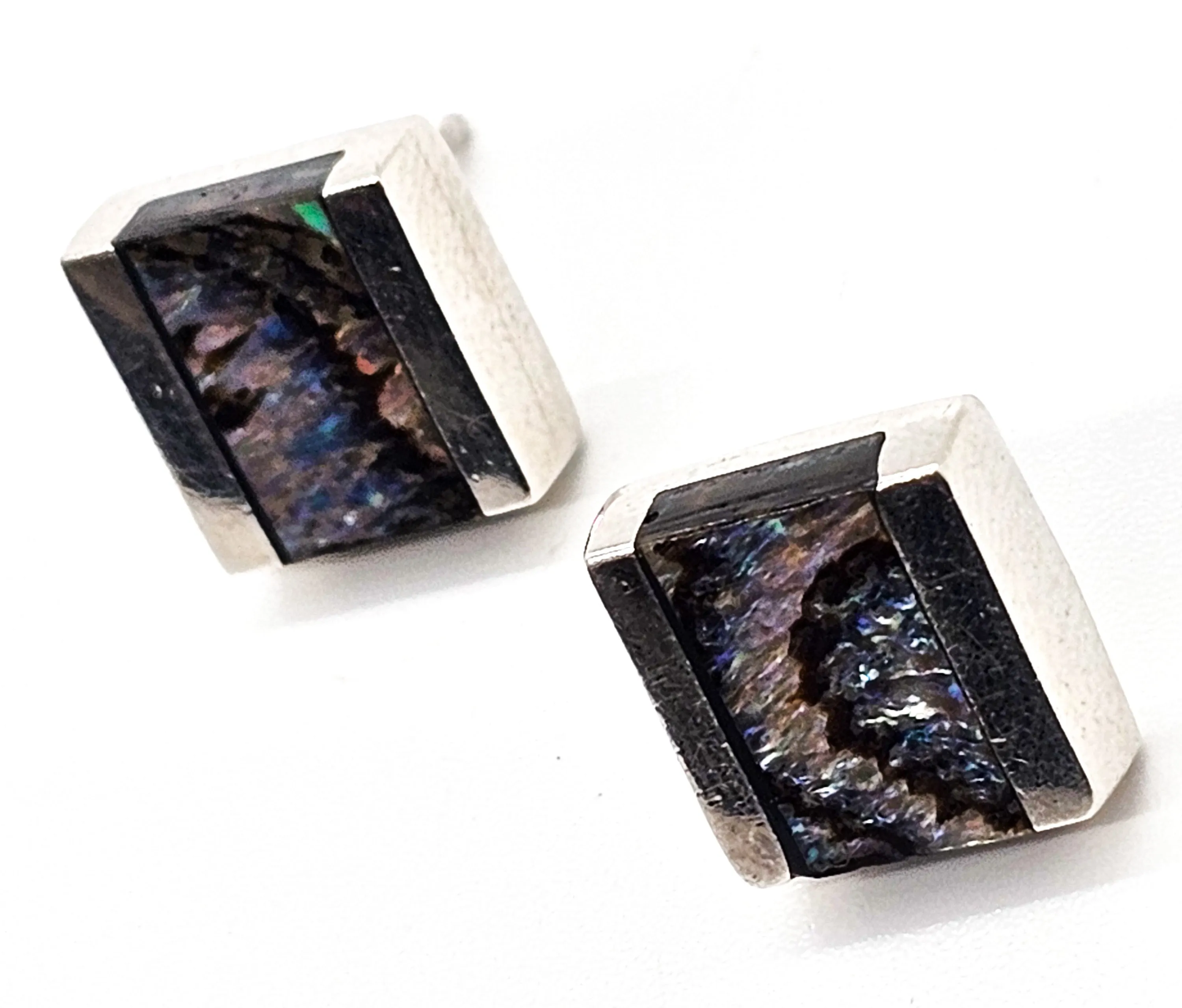 Abalone Paua thick solid sterling silver cube stud earrings