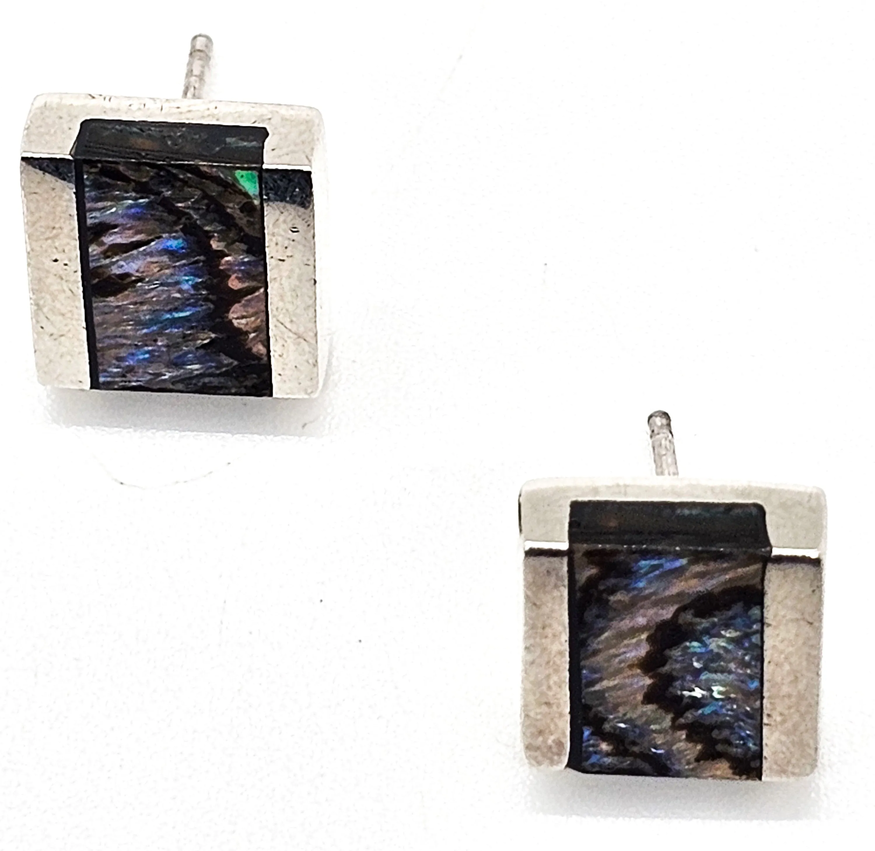 Abalone Paua thick solid sterling silver cube stud earrings
