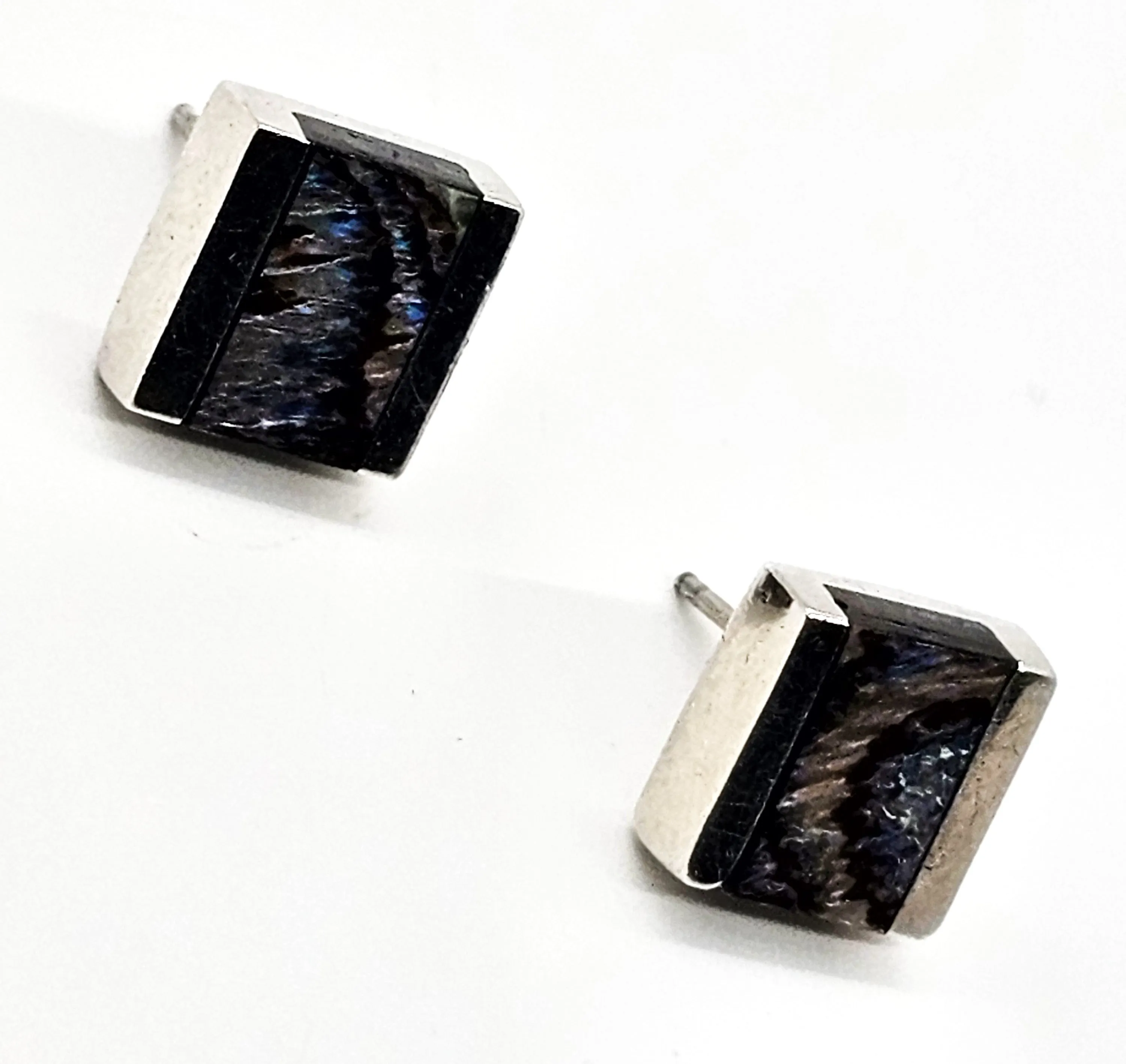 Abalone Paua thick solid sterling silver cube stud earrings