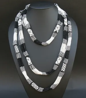 African Necklace Tribal Design Multi-strand Black White