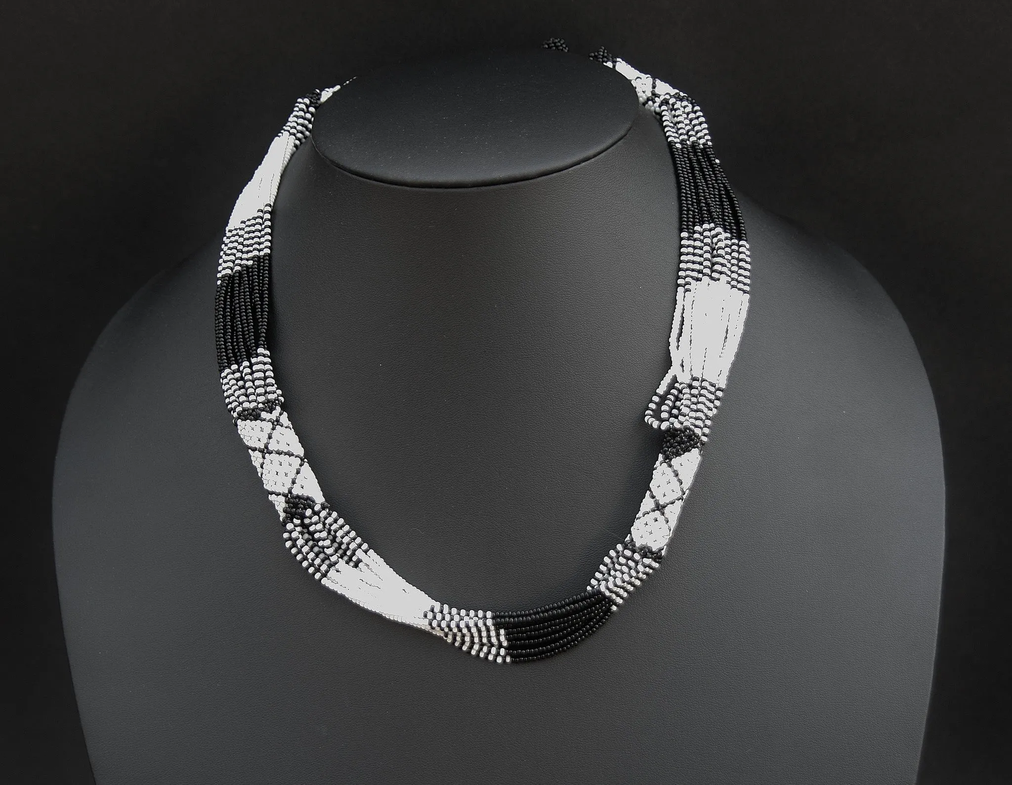 African Necklace Tribal Design Multi-strand Black White