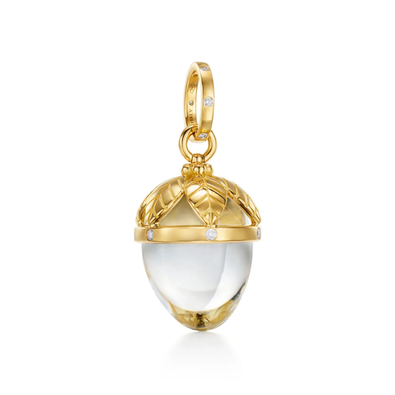 Amulet 18K Yellow Gold Rock Crystal Arcardia Golden Leaves Diamond Drop Pendant
