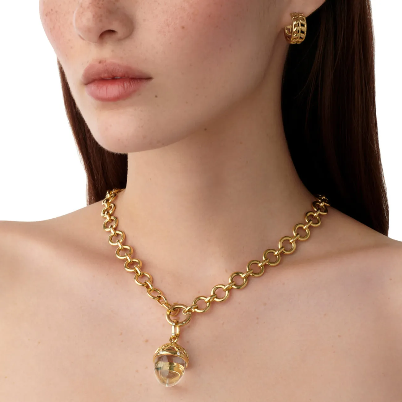Amulet 18K Yellow Gold Rock Crystal Arcardia Golden Leaves Diamond Drop Pendant