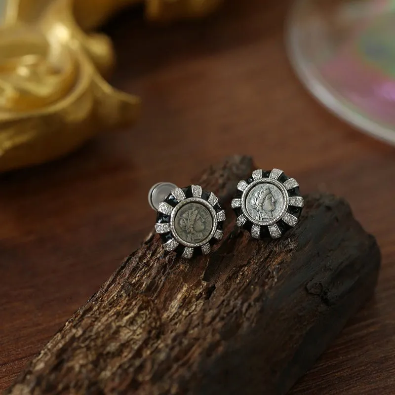 Ancient Greek Retro 925 Silver Coin Stud Earrings-Type K