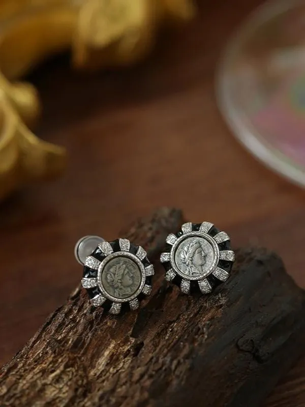 Ancient Greek Retro 925 Silver Coin Stud Earrings-Type K