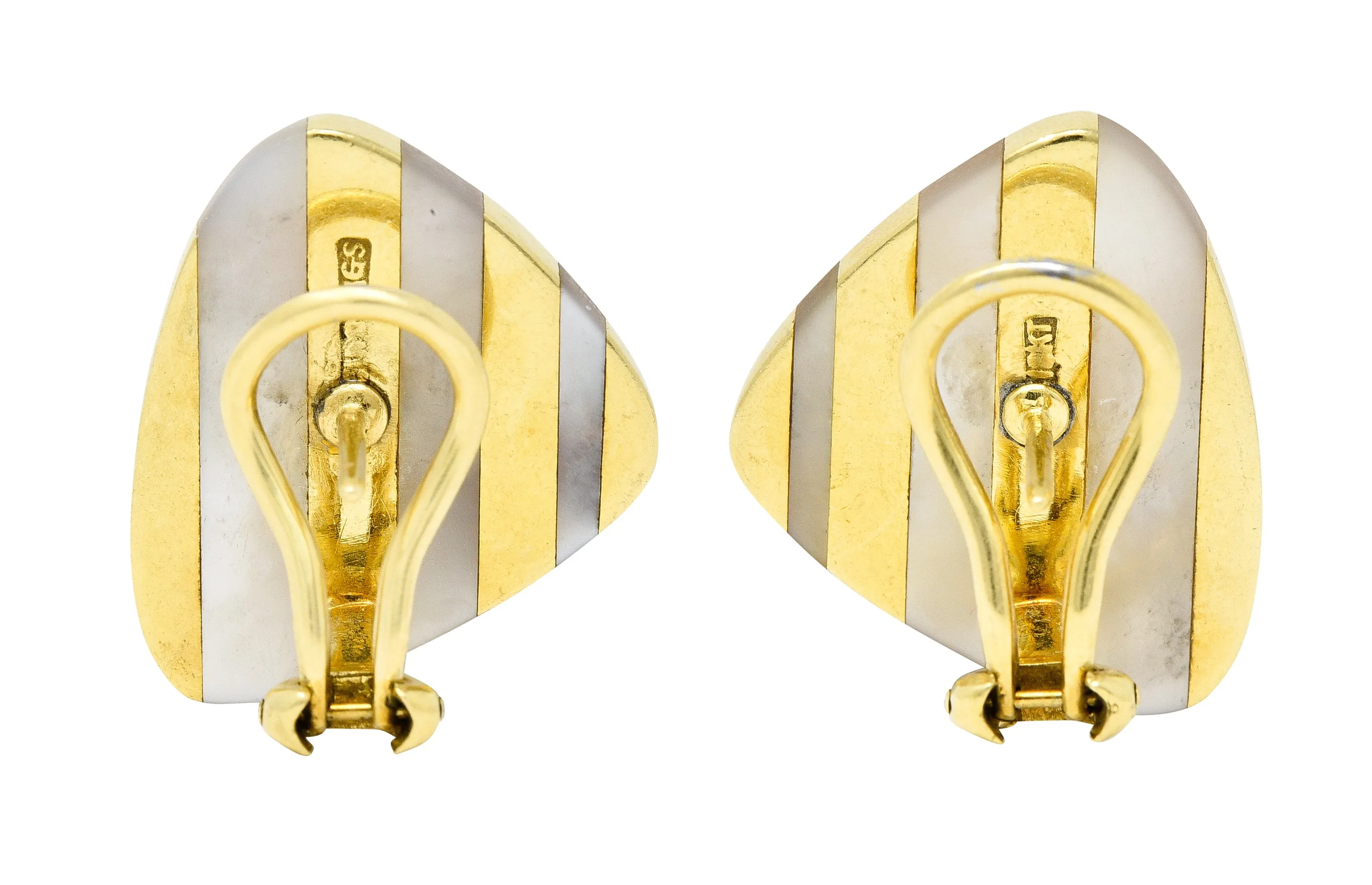 Angela Cummings 1970's Mother-Of-Pearl 18 Karat Yellow Gold Inlay Stripe Triangle Vintage Earrings