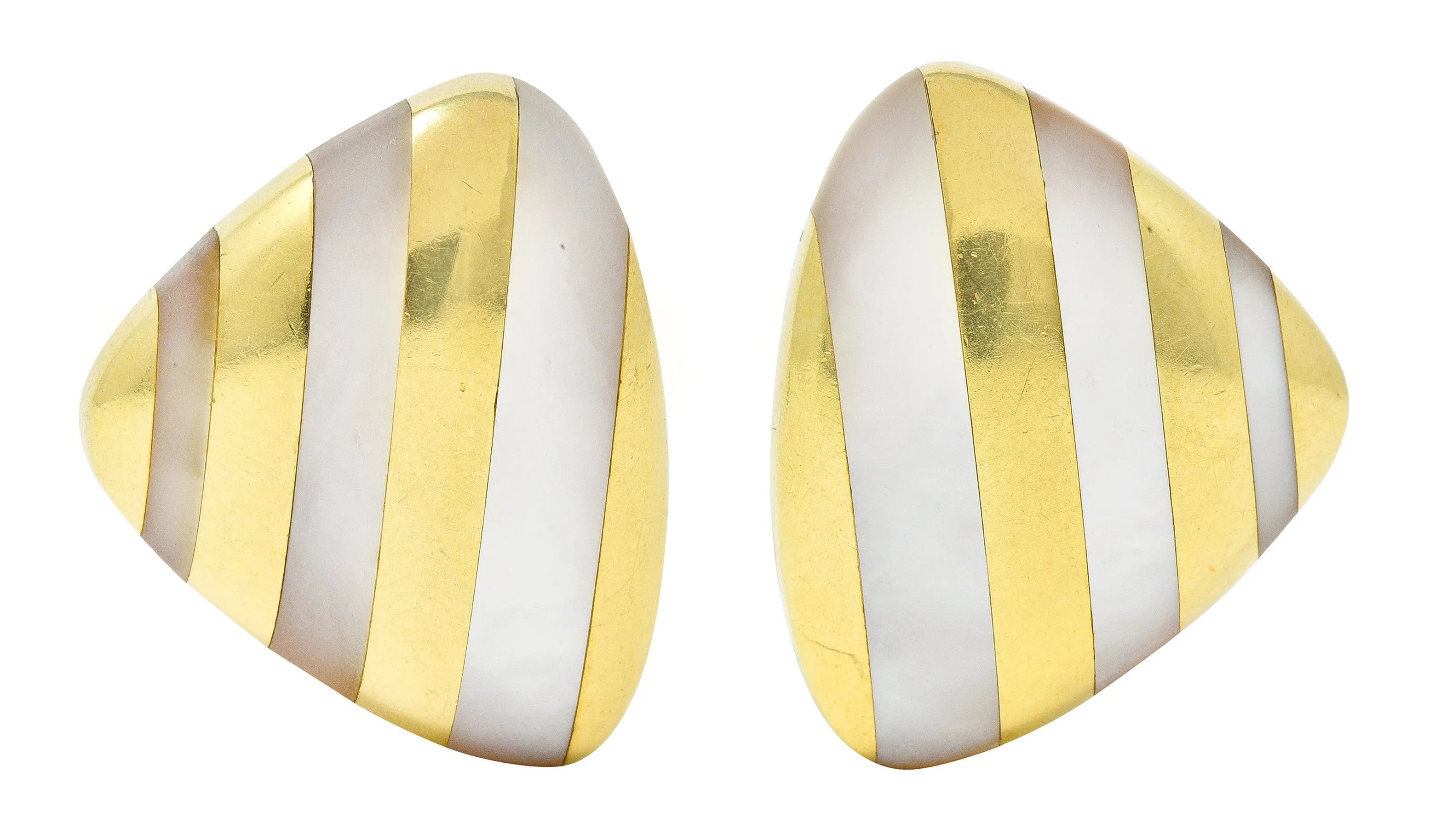Angela Cummings 1970's Mother-Of-Pearl 18 Karat Yellow Gold Inlay Stripe Triangle Vintage Earrings