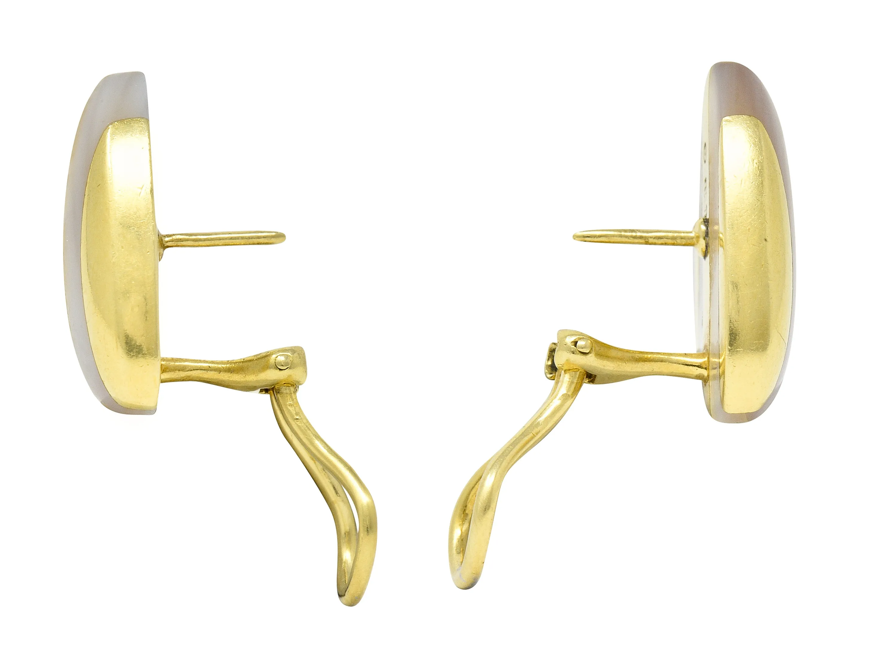 Angela Cummings 1970's Mother-Of-Pearl 18 Karat Yellow Gold Inlay Stripe Triangle Vintage Earrings
