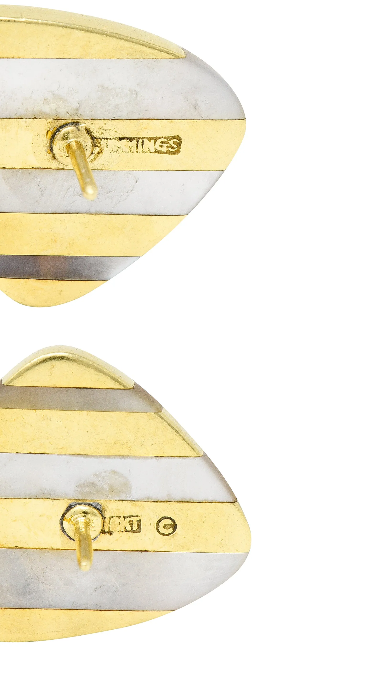 Angela Cummings 1970's Mother-Of-Pearl 18 Karat Yellow Gold Inlay Stripe Triangle Vintage Earrings