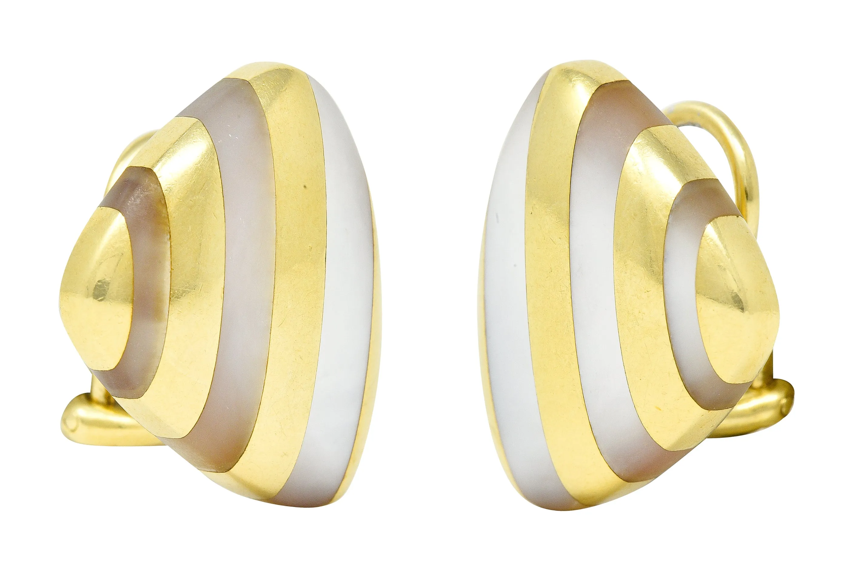 Angela Cummings 1970's Mother-Of-Pearl 18 Karat Yellow Gold Inlay Stripe Triangle Vintage Earrings