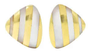 Angela Cummings 1970's Mother-Of-Pearl 18 Karat Yellow Gold Inlay Stripe Triangle Vintage Earrings