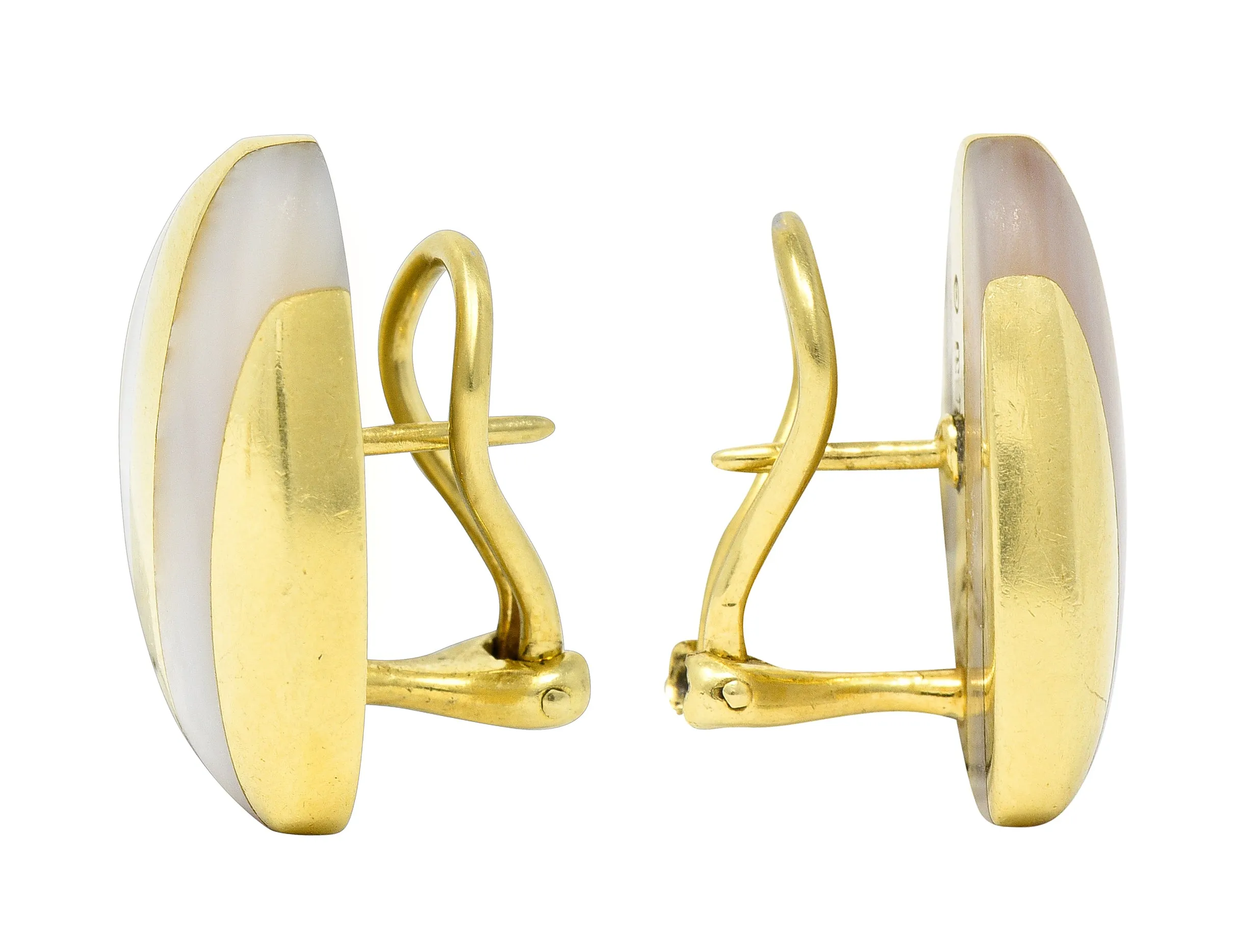 Angela Cummings 1970's Mother-Of-Pearl 18 Karat Yellow Gold Inlay Stripe Triangle Vintage Earrings