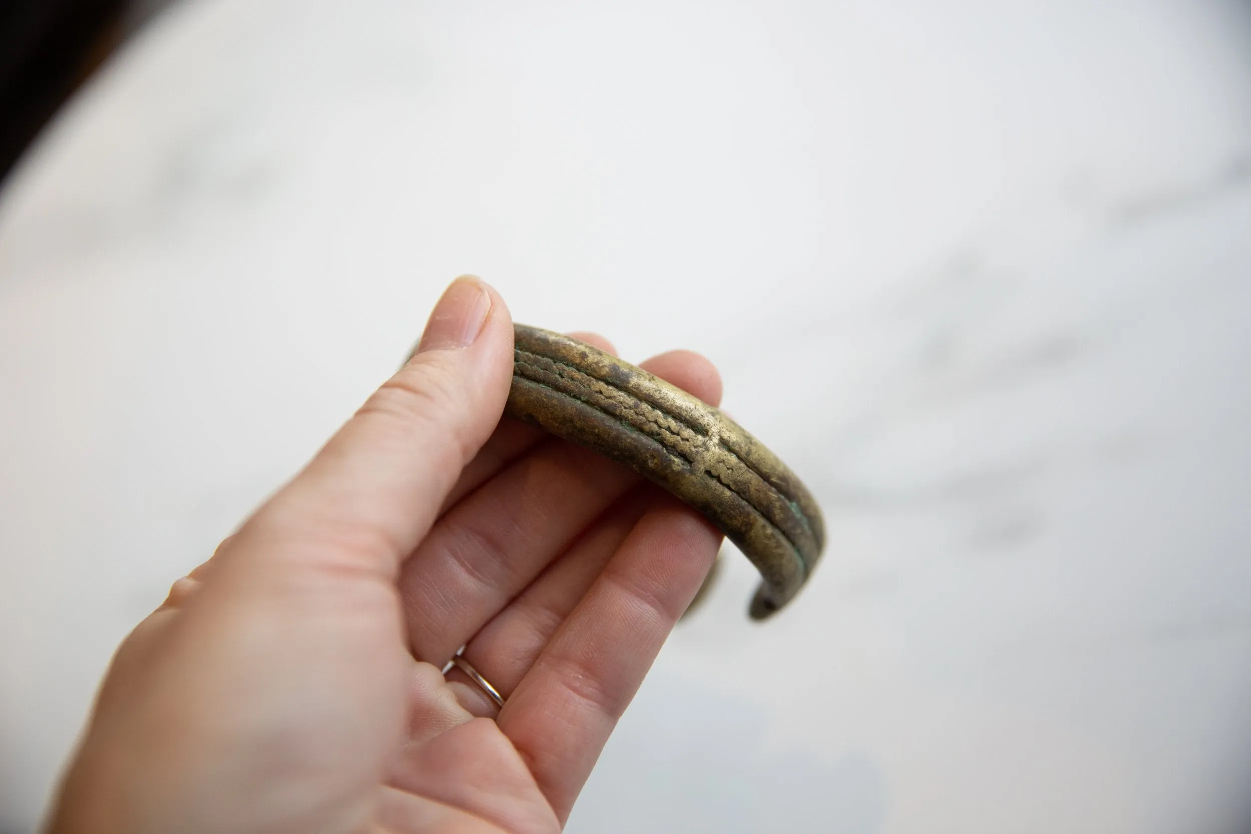 Antique African Oxidized Bronze Alloy Stripe Design Cuff Bracelet