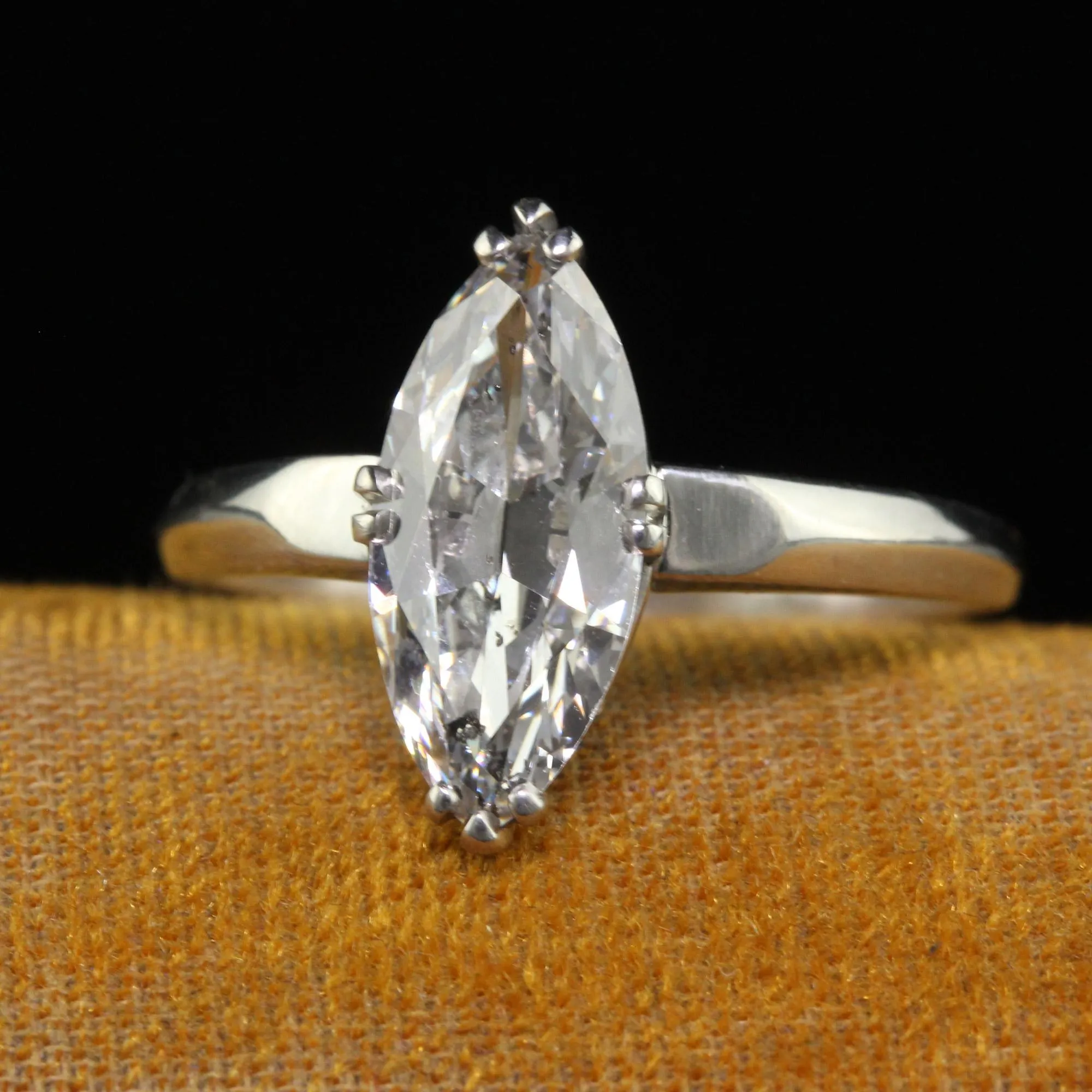 Antique Art Deco Platinum Old Cut Marquise Diamond Engagement Ring - GIA