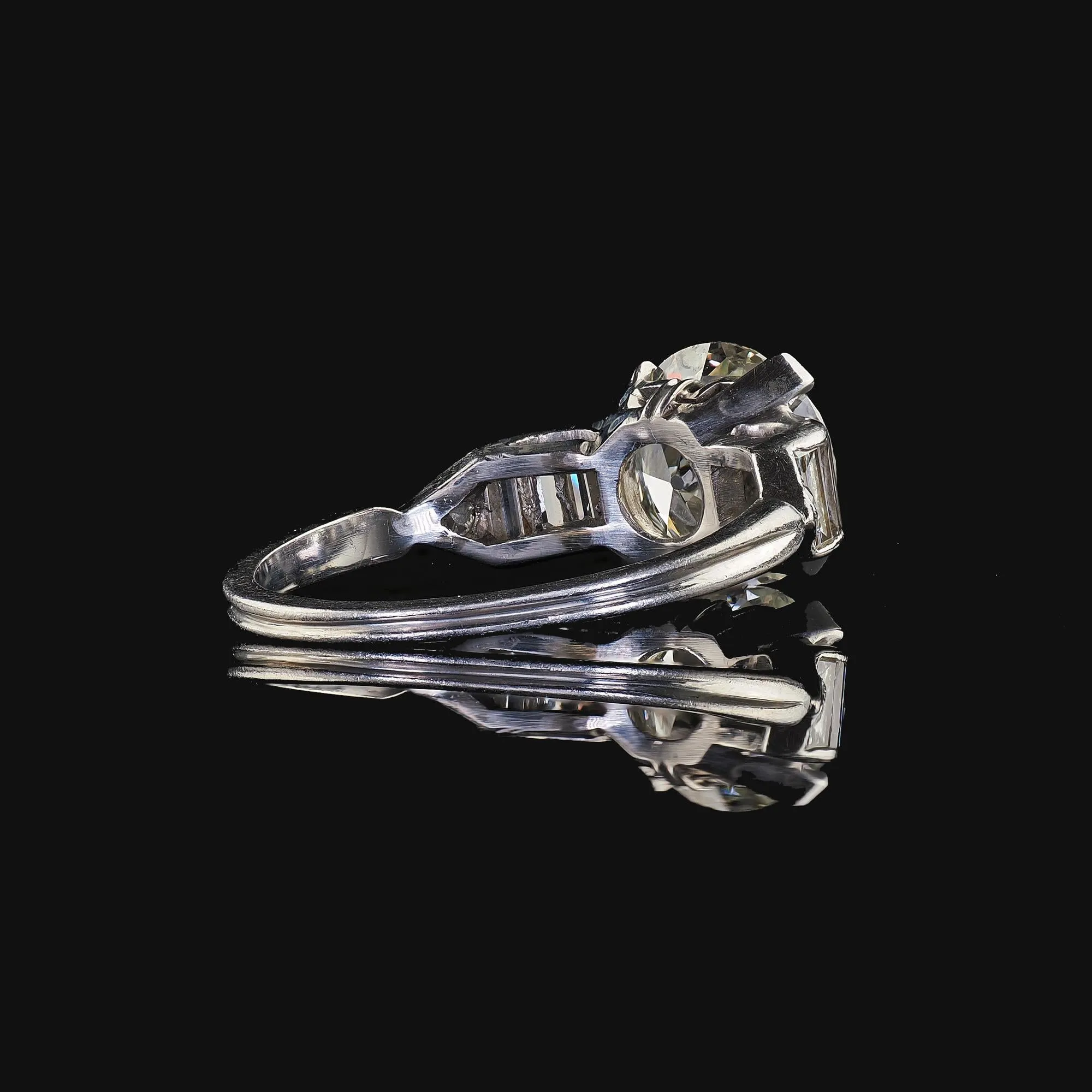 Antique Art Deco Platinum Old European Diamond Baguette Engagement Ring - GIA
