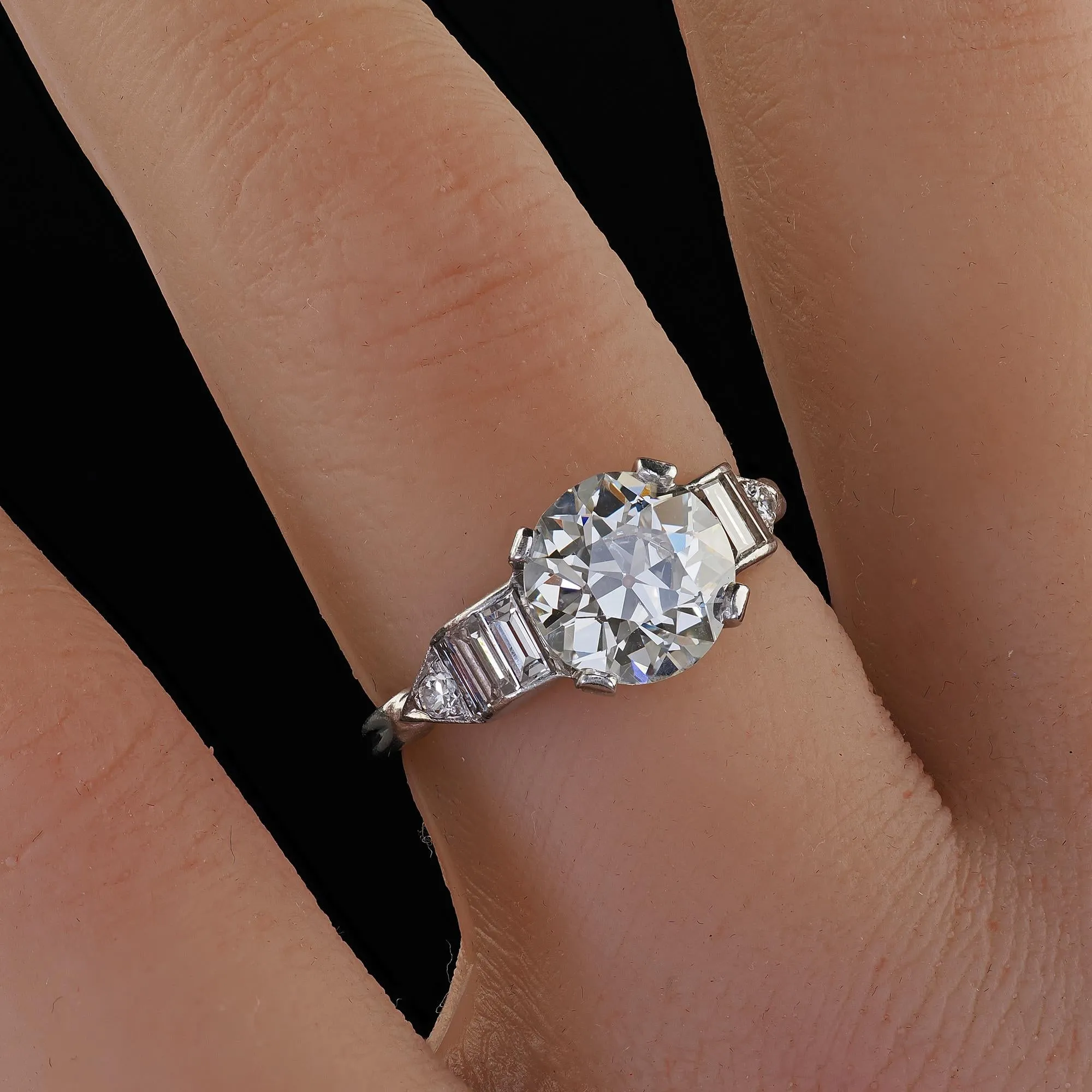 Antique Art Deco Platinum Old European Diamond Baguette Engagement Ring - GIA