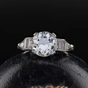 Antique Art Deco Platinum Old European Diamond Baguette Engagement Ring - GIA