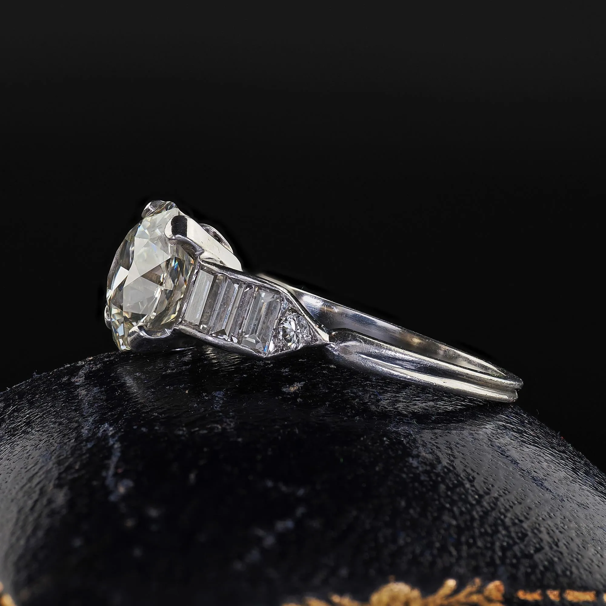 Antique Art Deco Platinum Old European Diamond Baguette Engagement Ring - GIA