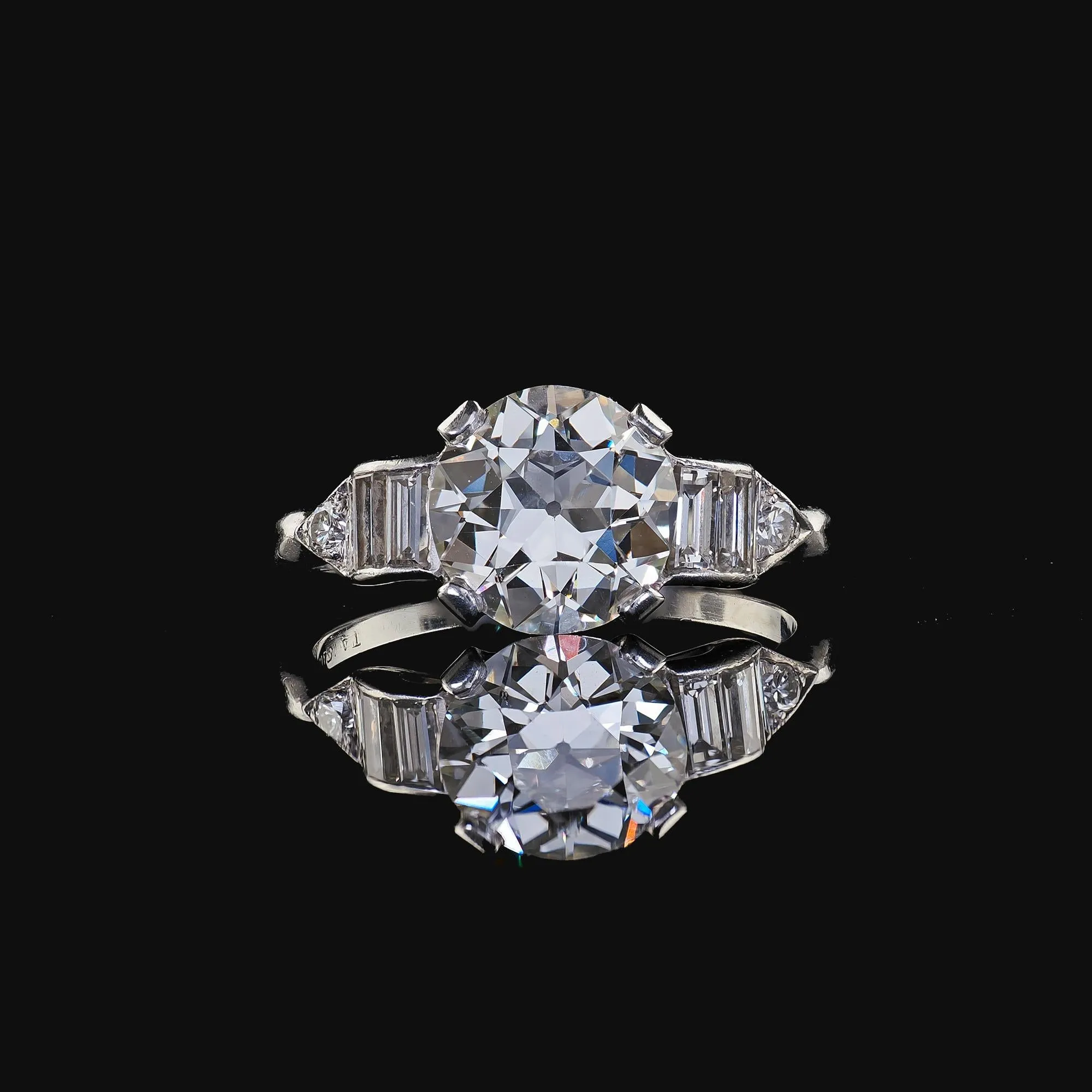 Antique Art Deco Platinum Old European Diamond Baguette Engagement Ring - GIA