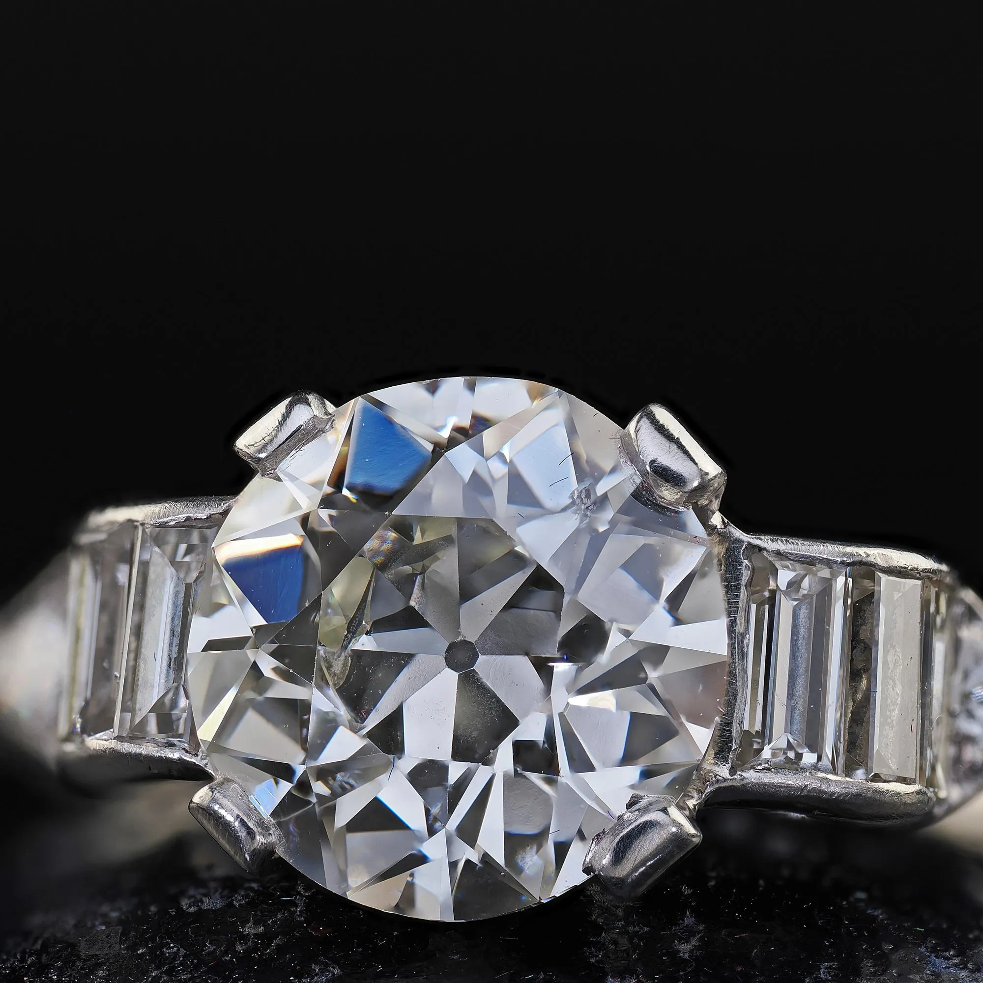 Antique Art Deco Platinum Old European Diamond Baguette Engagement Ring - GIA