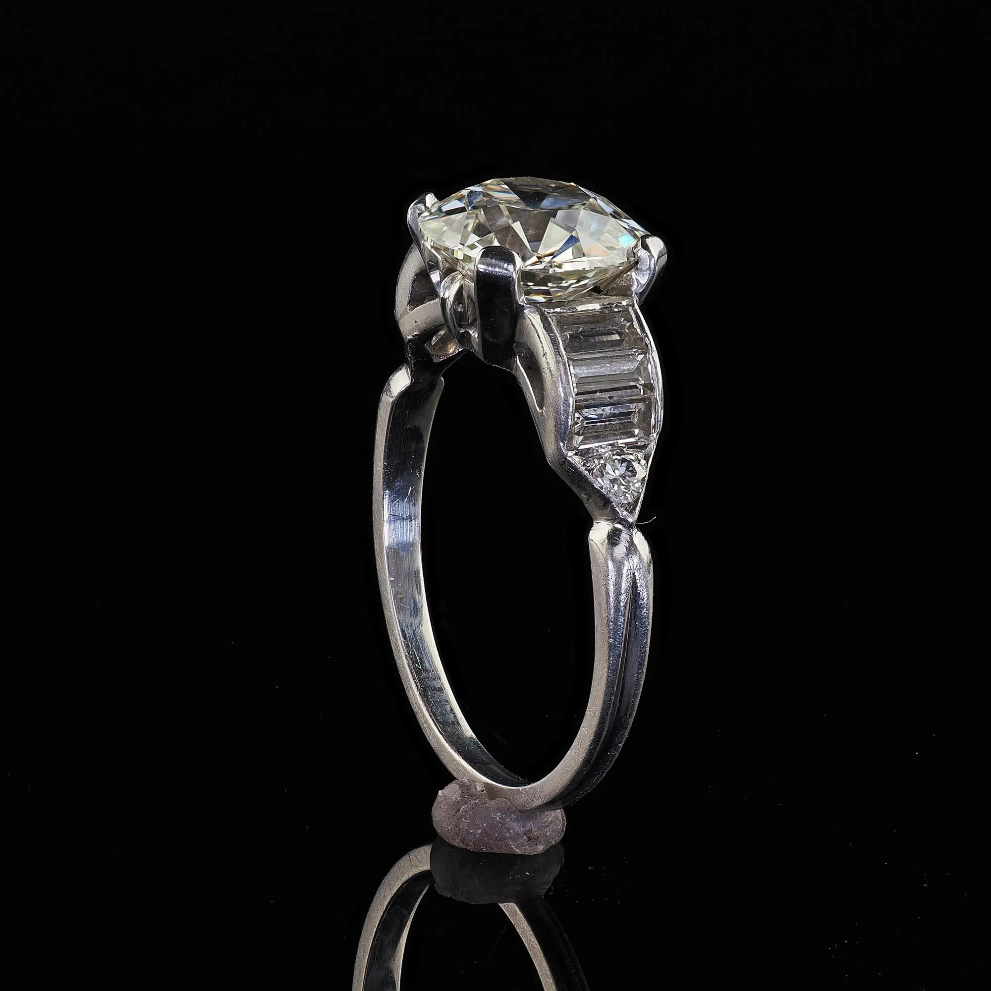 Antique Art Deco Platinum Old European Diamond Baguette Engagement Ring - GIA