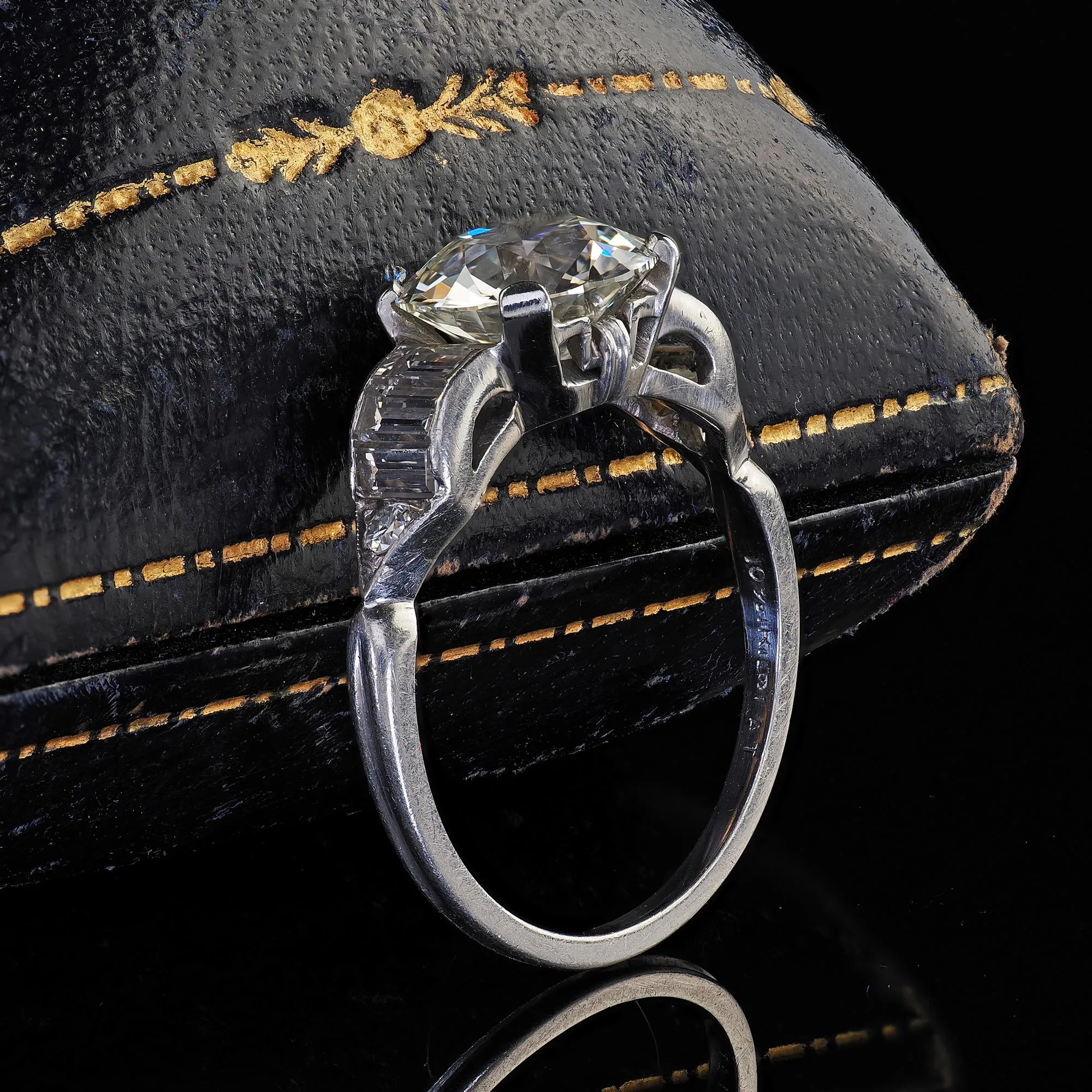 Antique Art Deco Platinum Old European Diamond Baguette Engagement Ring - GIA