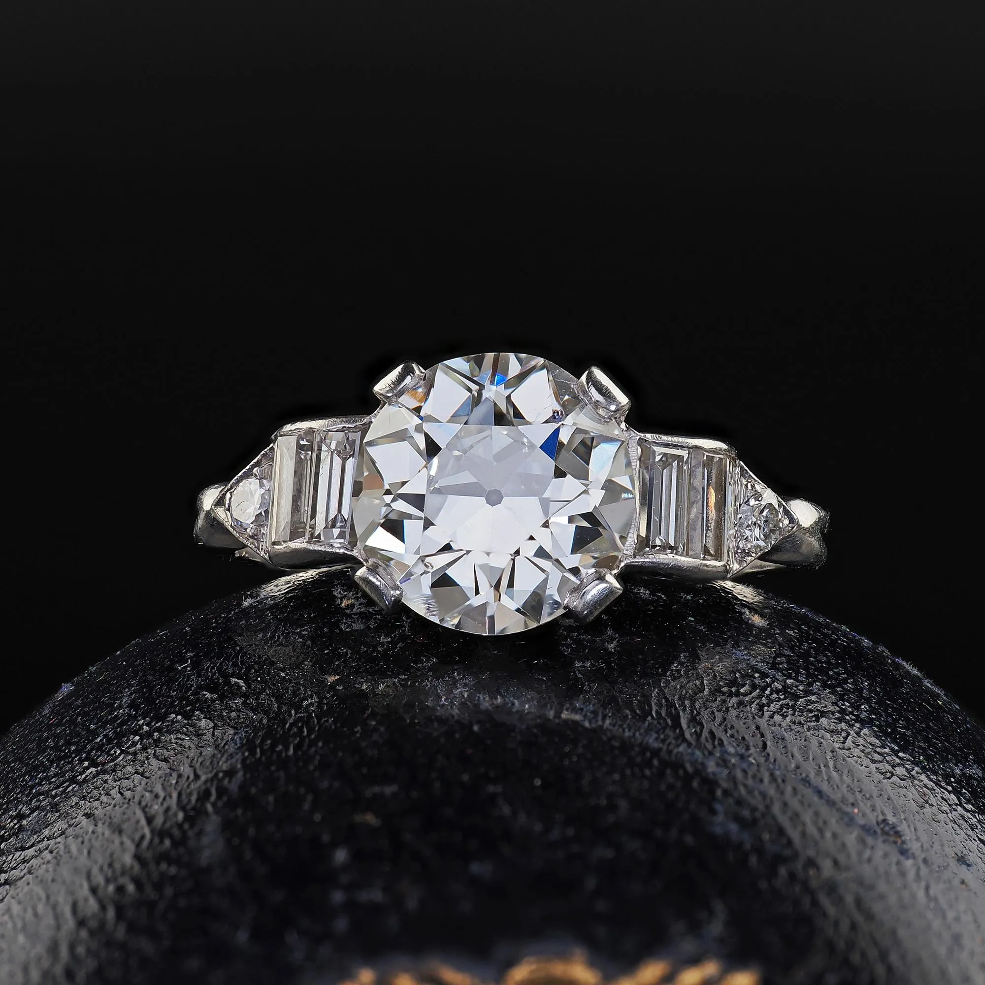 Antique Art Deco Platinum Old European Diamond Baguette Engagement Ring - GIA