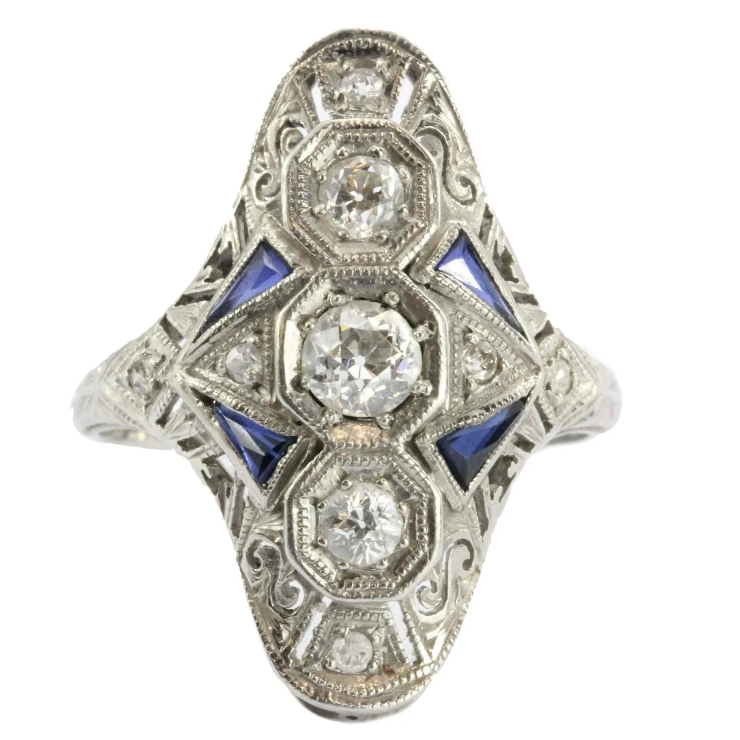 Antique Art Deco Platinum Old Mine Diamond & Sapphire Ring