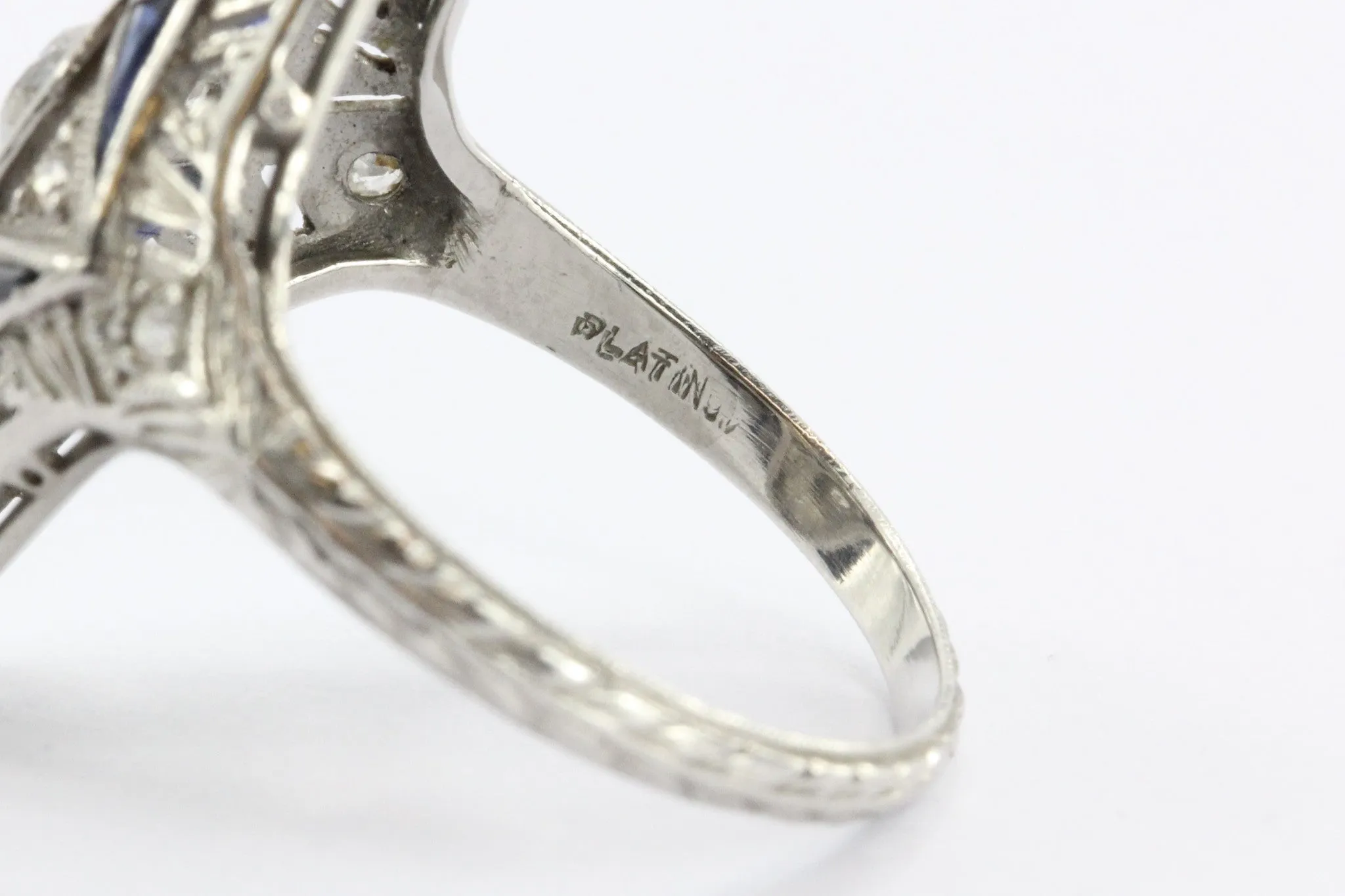Antique Art Deco Platinum Old Mine Diamond & Sapphire Ring