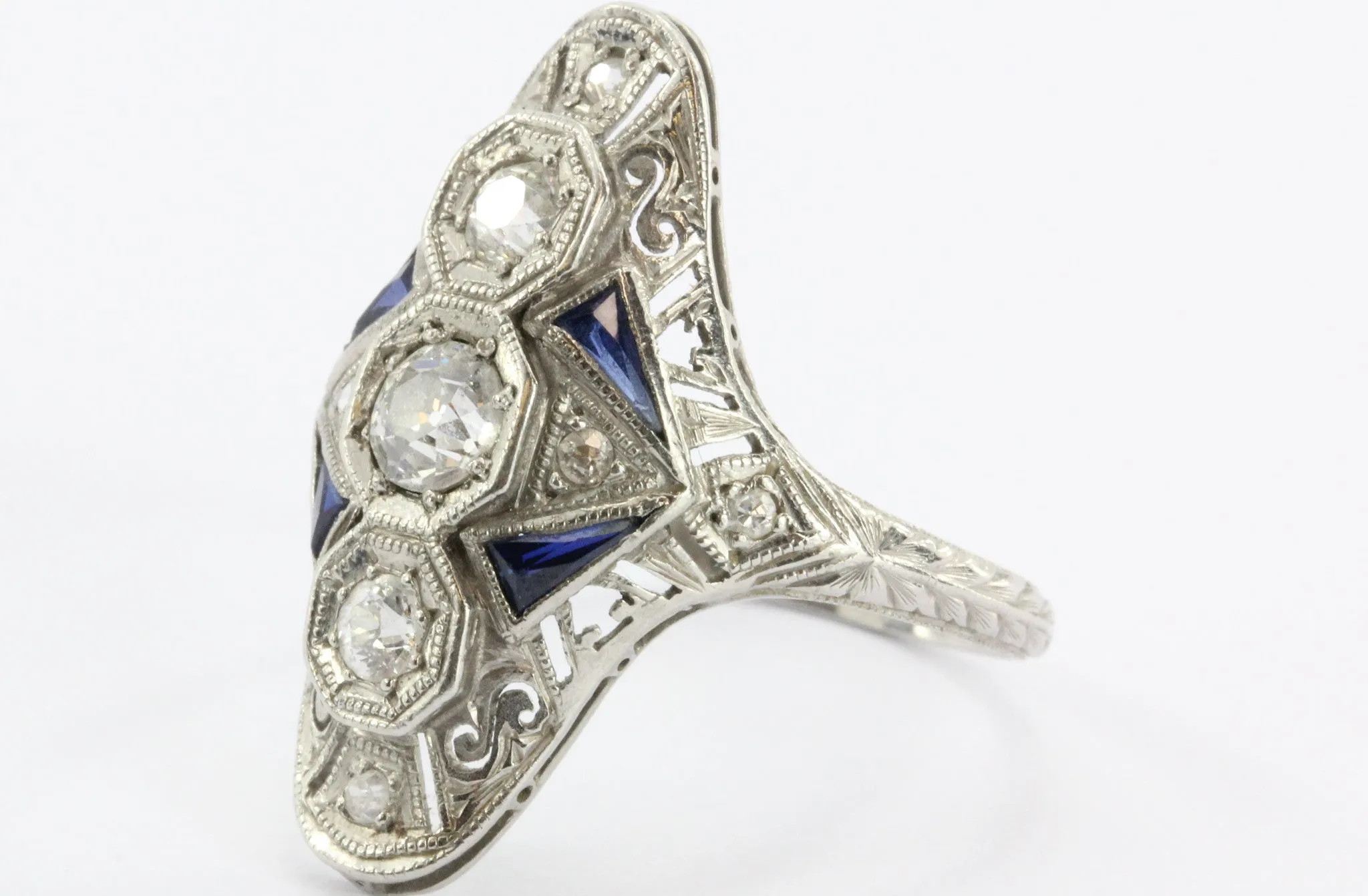 Antique Art Deco Platinum Old Mine Diamond & Sapphire Ring