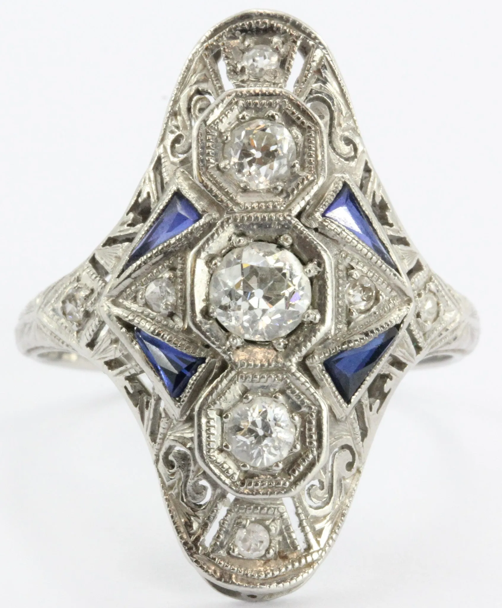 Antique Art Deco Platinum Old Mine Diamond & Sapphire Ring