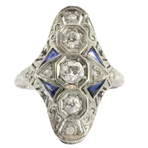 Antique Art Deco Platinum Old Mine Diamond & Sapphire Ring