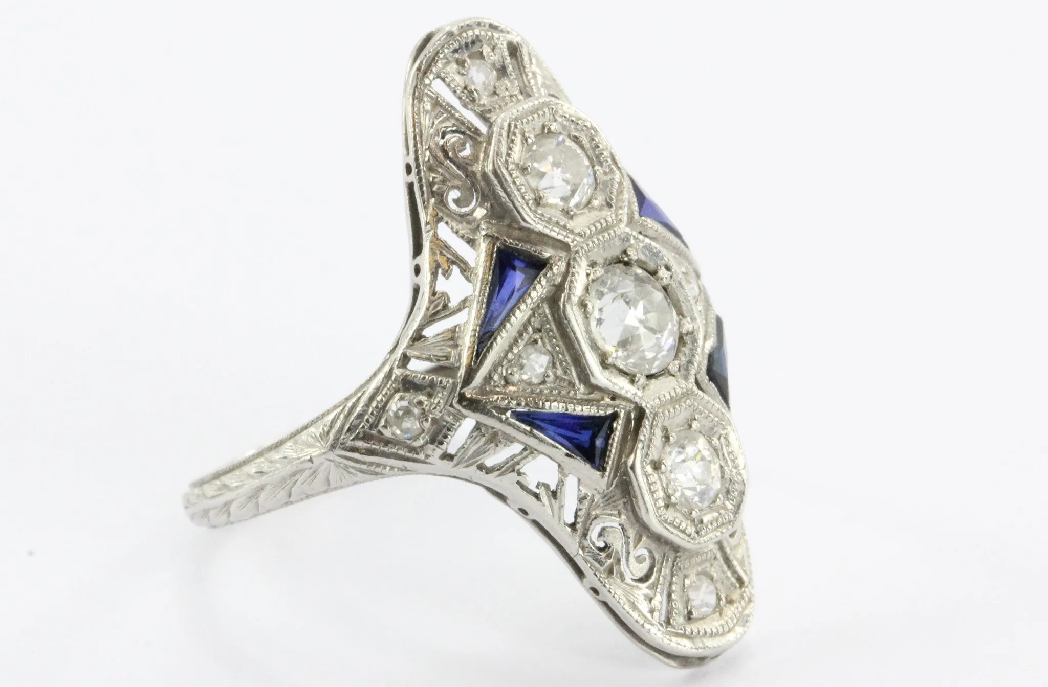 Antique Art Deco Platinum Old Mine Diamond & Sapphire Ring