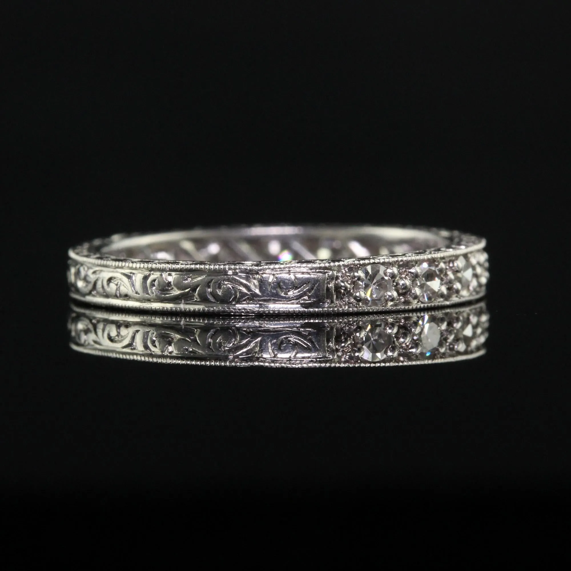 Antique Art Deco Platinum Single Cut Diamond Engraved Wedding Band Ring