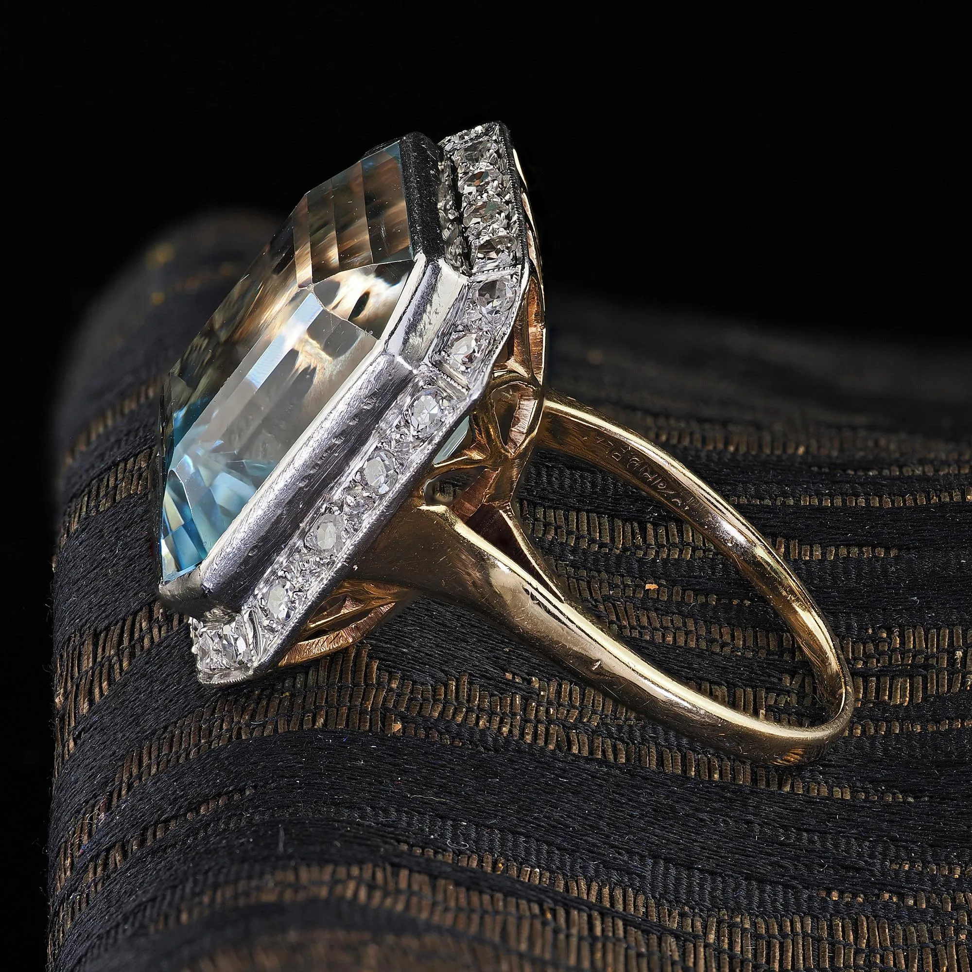 Antique Edwardian 14K Gold and Platinum Aquamarine and Diamond Cocktail Ring