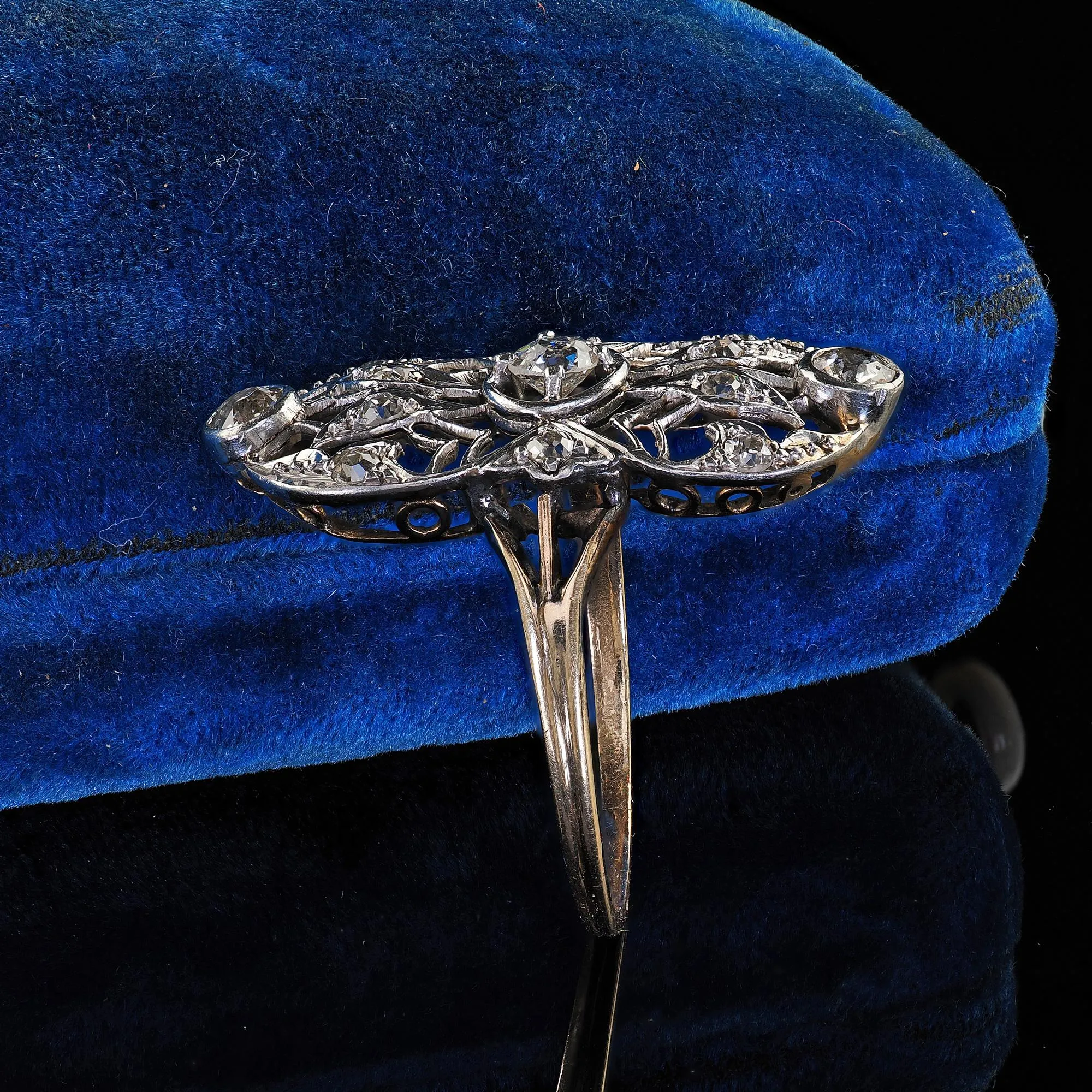 Antique Edwardian 14K Yellow Gold Platinum Old Cut Diamond Shield Ring