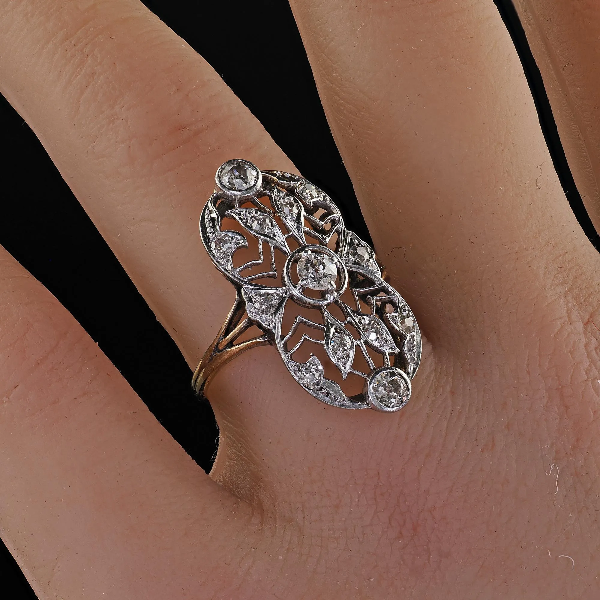 Antique Edwardian 14K Yellow Gold Platinum Old Cut Diamond Shield Ring