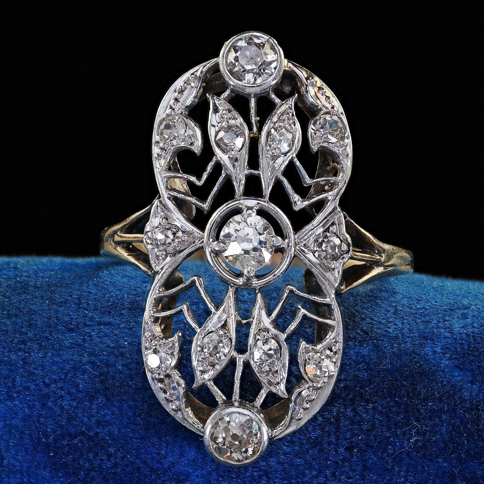 Antique Edwardian 14K Yellow Gold Platinum Old Cut Diamond Shield Ring