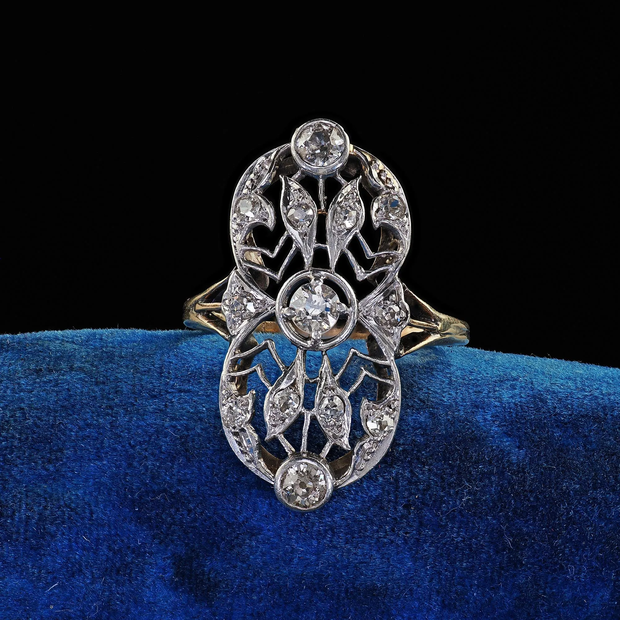 Antique Edwardian 14K Yellow Gold Platinum Old Cut Diamond Shield Ring
