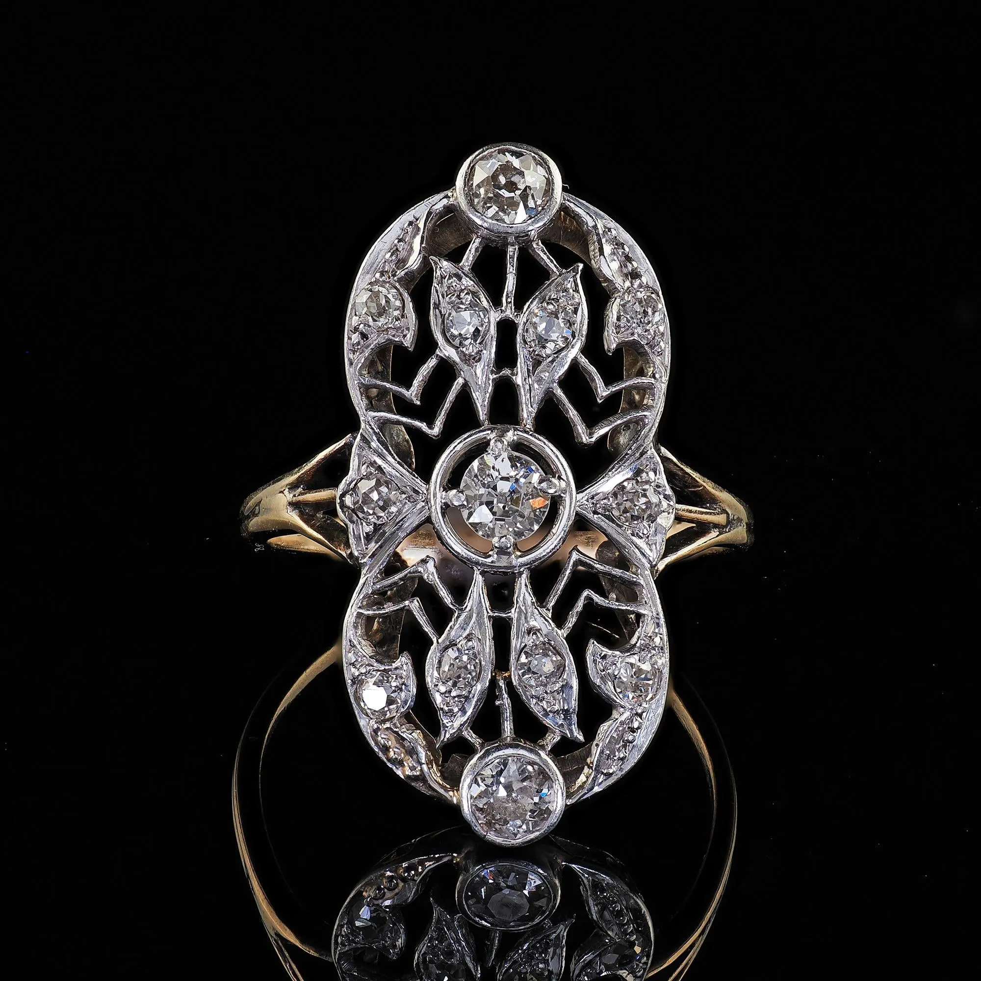 Antique Edwardian 14K Yellow Gold Platinum Old Cut Diamond Shield Ring