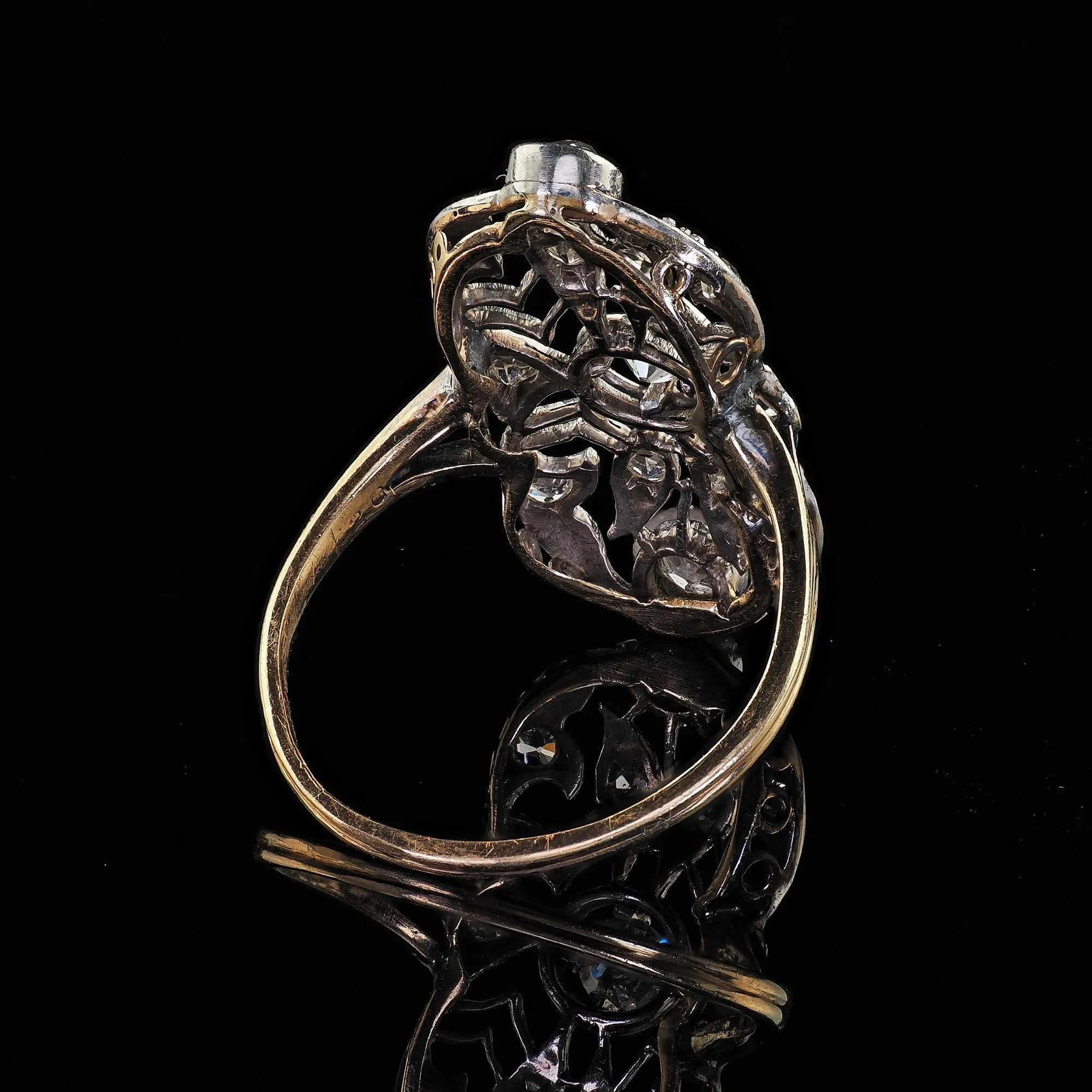 Antique Edwardian 14K Yellow Gold Platinum Old Cut Diamond Shield Ring